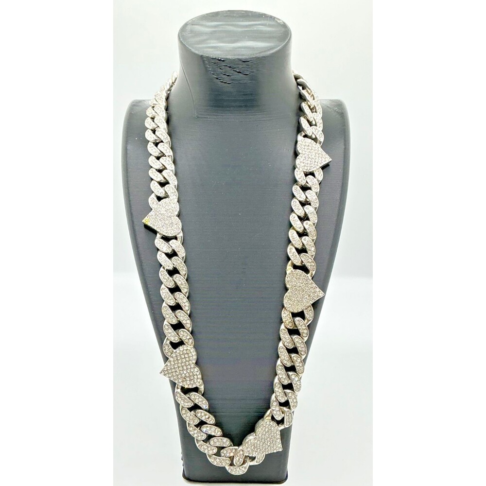 Iced-out Silver-Tone Cuban Link heart-shaped links necklace FASHION